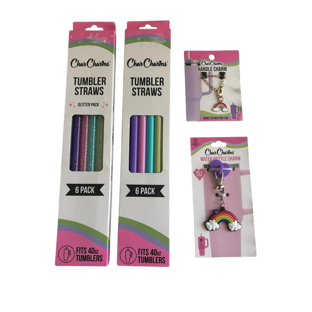 NEW CharCharms 40 oz. Colorful Tumbler Straws & Rainbow Charm Accessory Bundle